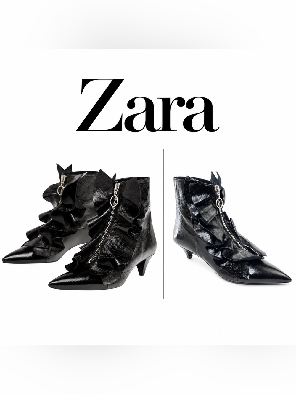 Zara Basic Black Ruffle Ankle Boots Kitten Heel Pointed Toe Front Zip EU 36